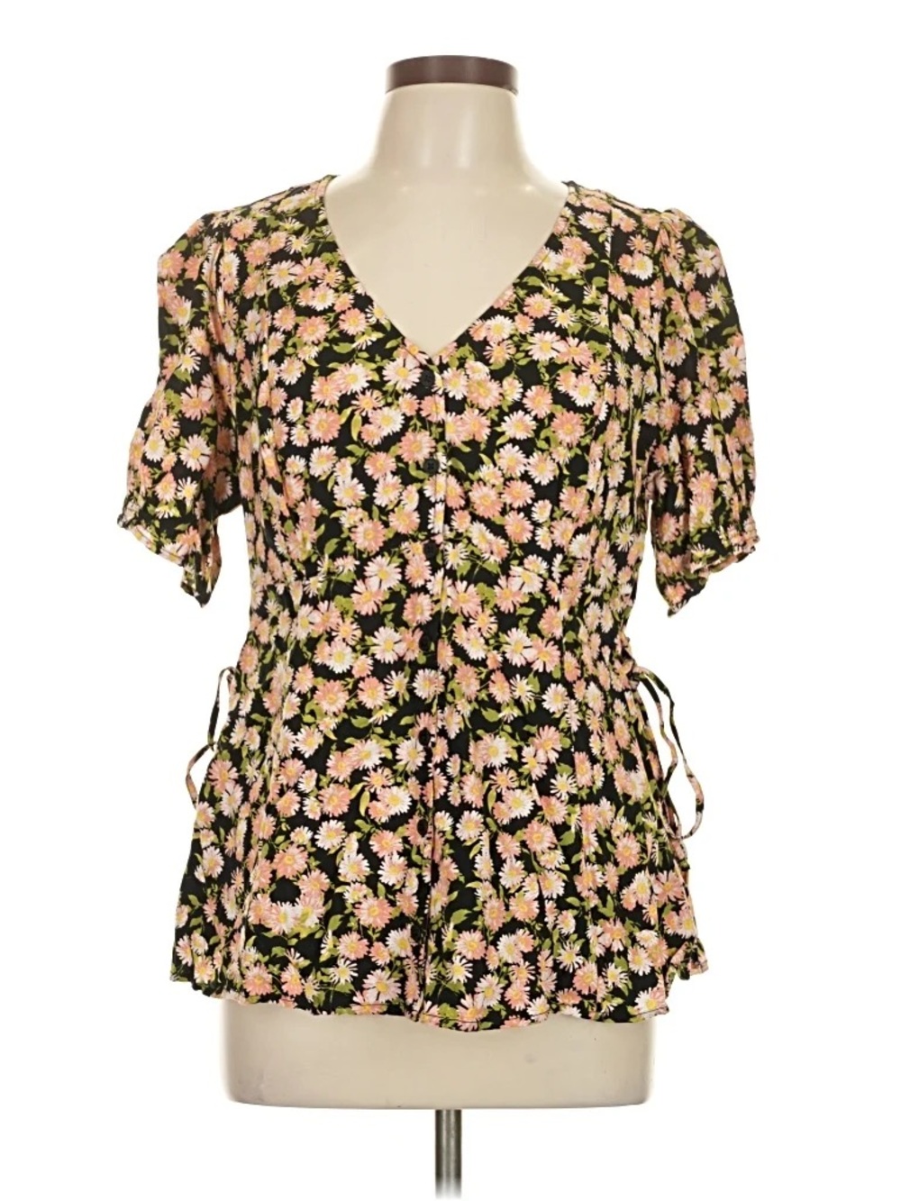 Torrid Black Floral V-Neck Tie-Waist Blouse Size 0